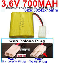3.6V 700MAH Battery-With Oda Palace Plug(Round hole-Black Wire)-(Shape-One Row with 3X Inner-Battery)-Size-50x42x15mm,3.6V NI-CD NI-MH 700MAH Battery be suit for RC Truck,RC Car,RC Boat,RC Robot,rc tank,rc Quadcoter,Drone,RC Helicopter,etc.